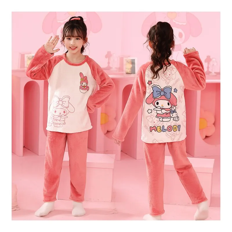 

Anime Sanrios Children Flannel Homewear Cartoon Kuromi Cinnamoroll My Melody Cute Boy Girl Warm Long Sleeve Trousers Pajama Set