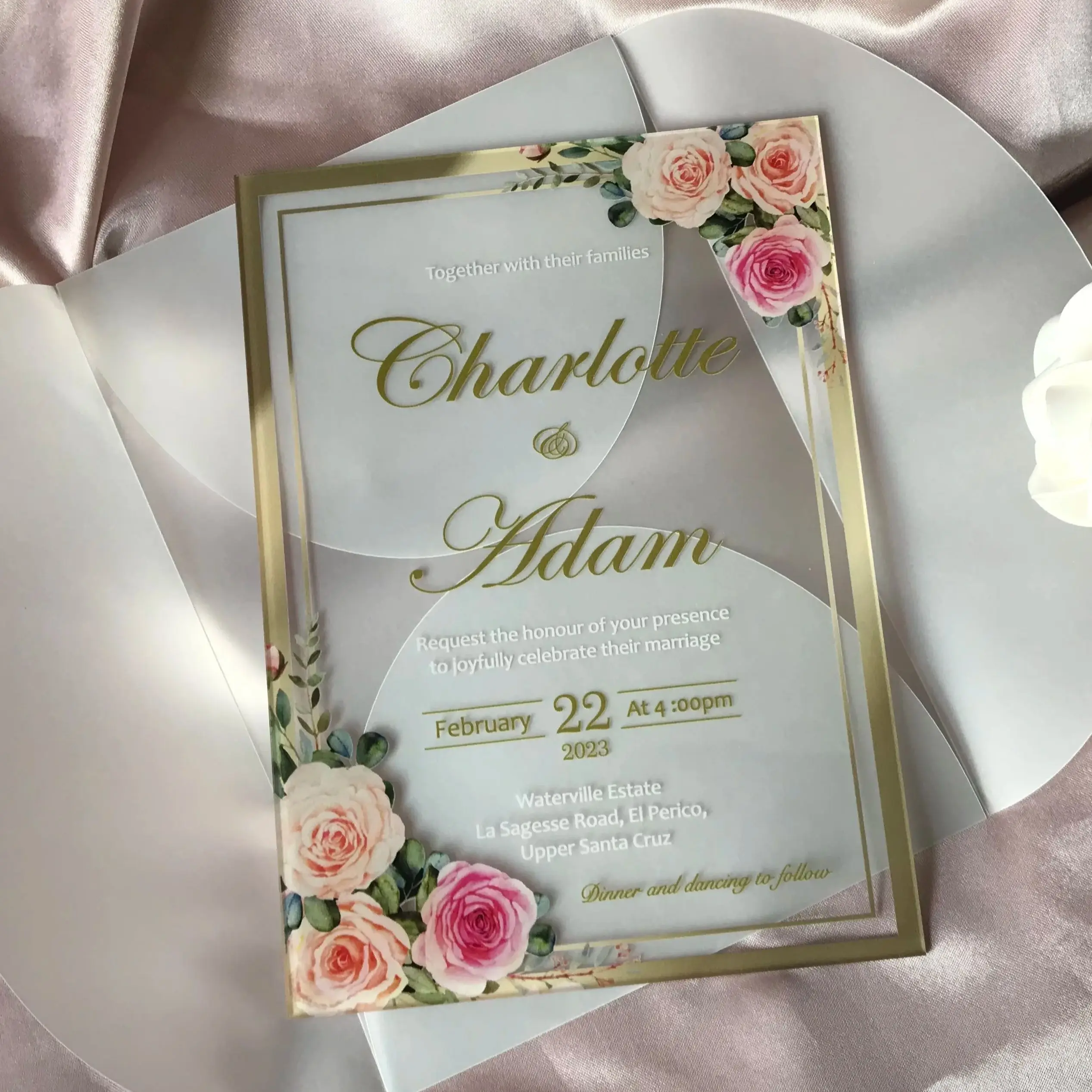 

Pink Floral Acrylic Wedding Invitation,Custom Acrylic Invitation,Semi-Envelope,Personalized Quinceanera Invitation, 10Pcs