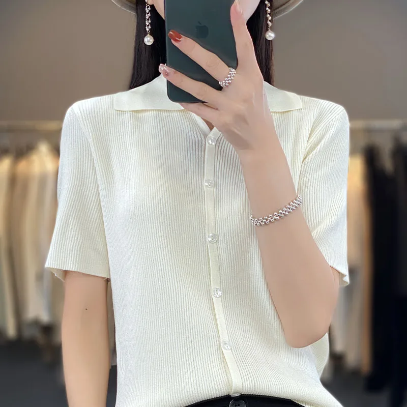 Summer New Thin T-shirt Female Slim POLO Neck Solid Color Short-Sleeved Cardigan Joker Slim Knit Half-Sleeve Top
Summer New Thin T-shirt Female Slim POLO Neck Solid Color Short-Sleeved Cardigan Joker Slim Knit Half-Sleeve Top