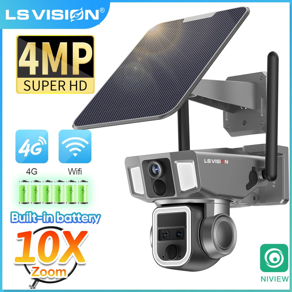 

LS VISION 2 in1 4G Solar Camera Outdoor 4K 8MP Wifi Wireless PTZ Security Camera 3 Lens 10X Zoom Two Way Audio Human Detection