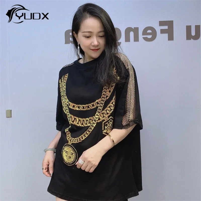 

YUDX 2024 New Summer Women Tshirts Loose O-neck Pullover Top Hollow Out Mesh Drill Hot Drilling Mid-long Short Sleeve T-shirt