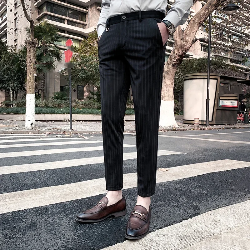 Брюки мужские Стрейчевые прямые, деловые штаны в черную полоску, модная одежда для бутика, до щиколотки
Брюки мужские Стрейчевые прямые, деловые штаны в черную полоску, модная одежда для бутика, до щиколотки