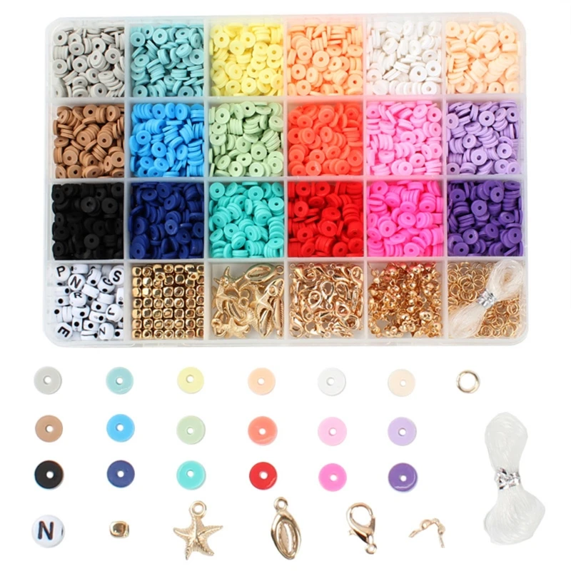 

DIY Necklaces Bracelets Earring Round Clay Beads 24 Grids Set with Ropes Bead Jewelry Making Home Handwork