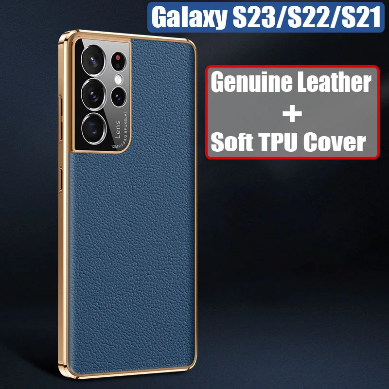 

Luxurious Genuine Leather Back Electroplated TPU Silicone Cover Case For Samsung Galaxy S22 S21 S23 Ultra Plus