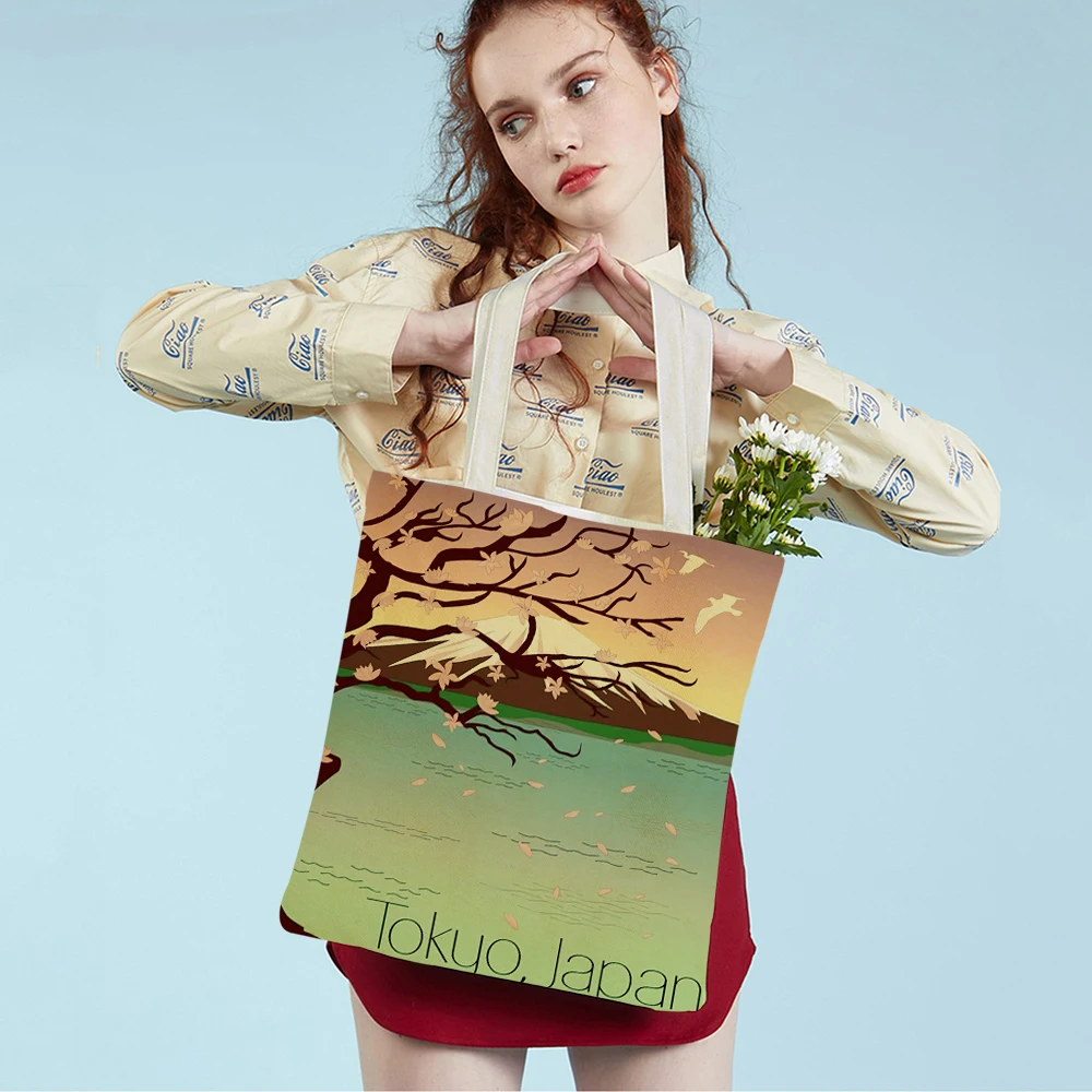 

Both Sided Casual Japanese Cartoon Scenic Shopping Bag Mount Fuji Tokyo Reusable Canvas Lady Student Tote Handbag for Women