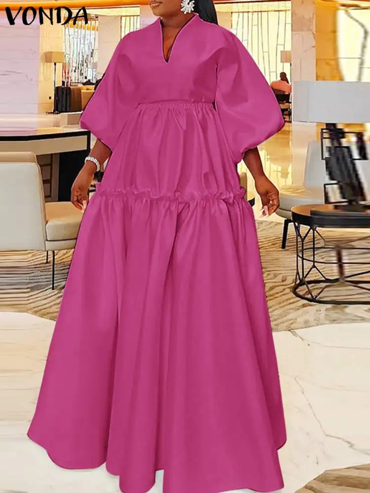 

VONDA Women Casual Loose Dress 2023 Summer Elegant Solid Color 3/4 Lantern Sleeve Long Shirt Maxi Sundress Ruffled Vestidos Robe