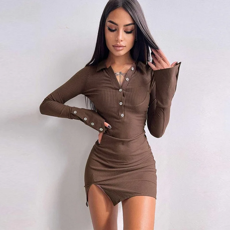 

2022 Solid Turndown Collar Long Sleeves Buttons Slit Sexy Skinny Mini Prom Dress Fall Women Casual Streetwear Party Y2K