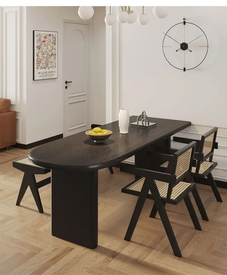 Strictly Selected Wabi Style Black Dining Table Nordic Solid Wood Semi-oval Island Integrated Against The Wall 140cm 4 Chairs Strictly Selected Wabi Style Black Dining Table Nordic Solid Wood Semi-oval Island Integrated Against The Wall 140cm 4 Chairs