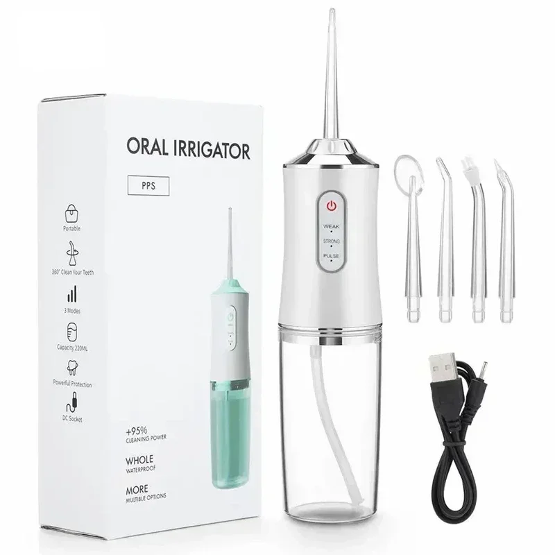 

Oral Irrigator Portable Dental Water Flosser USB Rechargeable Water Jet Floss Tooth Pick 4 Jet Tip 220ml 3 Modes Teeth Cleaner