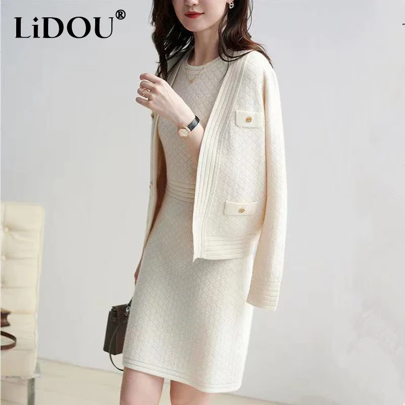

Autumn Winter Solid Color Bodycon Tank Knitted Dress Coat Suit Female Elegant Fashion Jacket Sleeveless Slim Robe Two Pieces Set