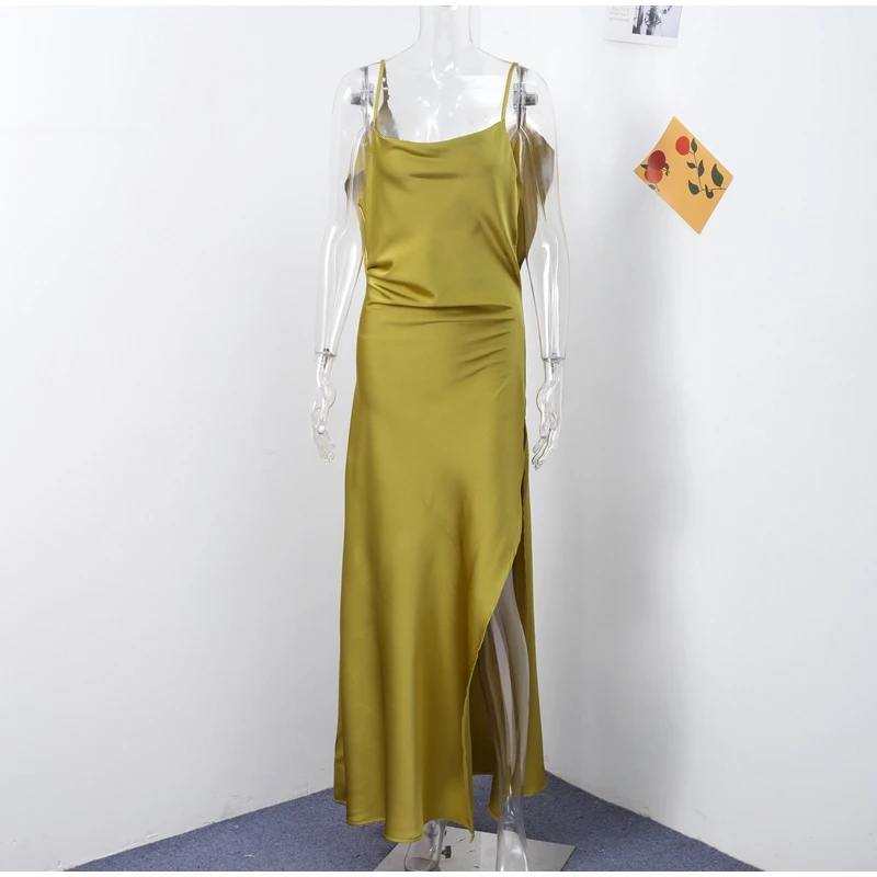 Elegant Green Satin Ruffle Dress Women Backless Spaghetti Strap Maxi with Side Split OUT1038 Elegant Green Satin Ruffle Dress Women Backless Spaghetti Strap Maxi with Side Split OUT1038