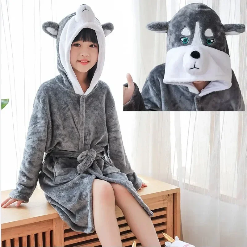 

Kigurumi Husky Children Bathrobe Bath Robe Autumn Winter Animal Unicorn Hooded Pajamas For Boys Girls Towel Robes Kids Nightgown