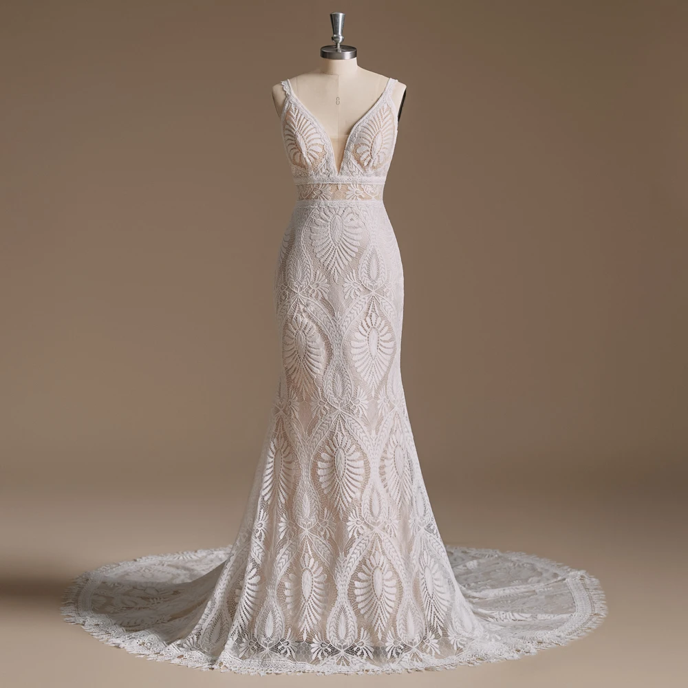 

LUC Bohemian Wedding Dress V Neck Lace Boho Spaghetti Straps Backless Beach Bridal Gowns Vestido De Novia Roycebridal 2022