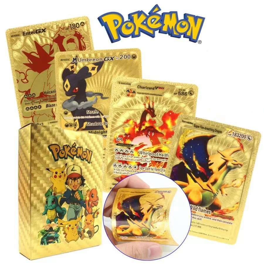 

Pokemon Card 55pcs Gold Plated Ultra Rare Collection Cards 3D With Charizard Golden Vmax DX GX Gold Plated Trading Cards