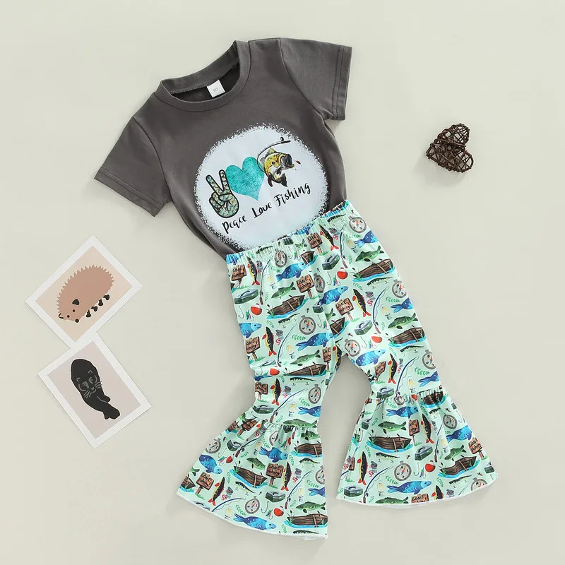 

Toddler Kids Girls 2 Pieces Outfits, Letter Print Short Sleeve Round Neck T-Shirt Tops + Fish Print Flare Pants Set