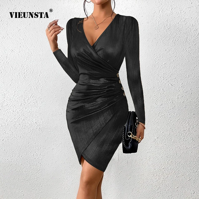 

Winter 2023 Sexy Slim Split Hip Wrap Dress Fashion V-neck Solid Color Dress For Women Elegant Irregular Lady Party Short Dresses