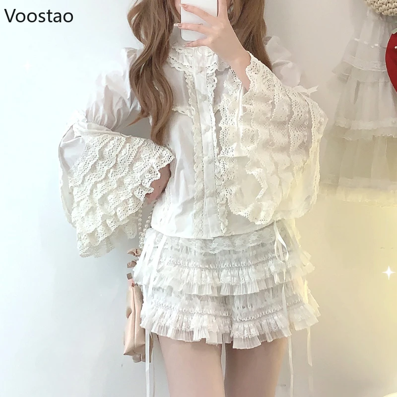 

Japanese Sweet Lolita Shirts Women Vintage Victorian Gothic Bow Flare Sleeve Lace Ruffles Y2k Blouse Elegant Female Casual Tops