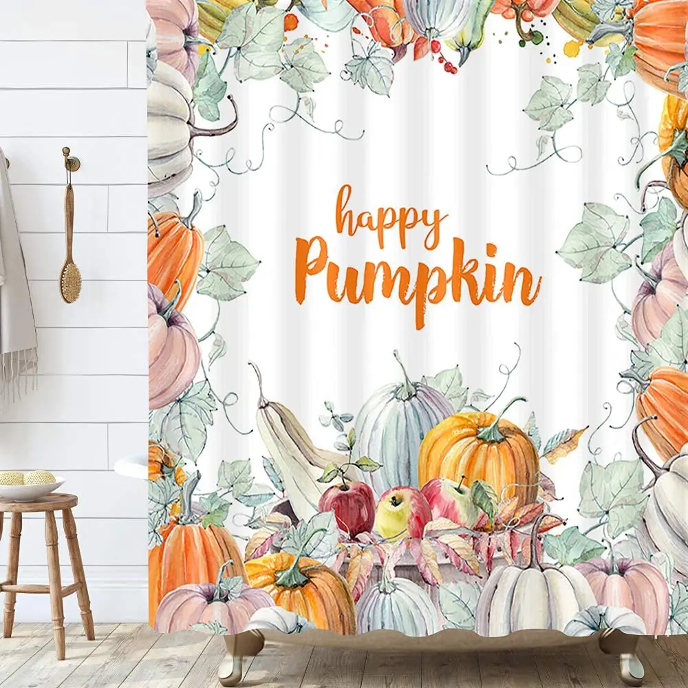 

Fall Autumn Shower Curtain Harvest Pumpkin Bathroom Curtain Thanksgiving Day Fabric Shower Curtain Sets with Hooks