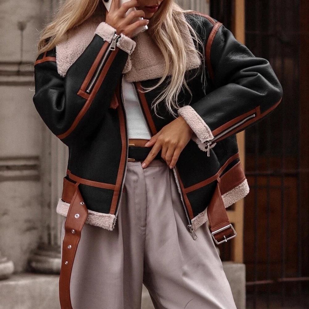 Women Autumn Winter Lapel Lamb Wool Zip Up Pocket Street Motorcycle Imitation Leather Pocket Jacket Thickened Warm Female Coat
Women Autumn Winter Lapel Lamb Wool Zip Up Pocket Street Motorcycle Imitation Leather Pocket Jacket Thickened Warm Female Coat