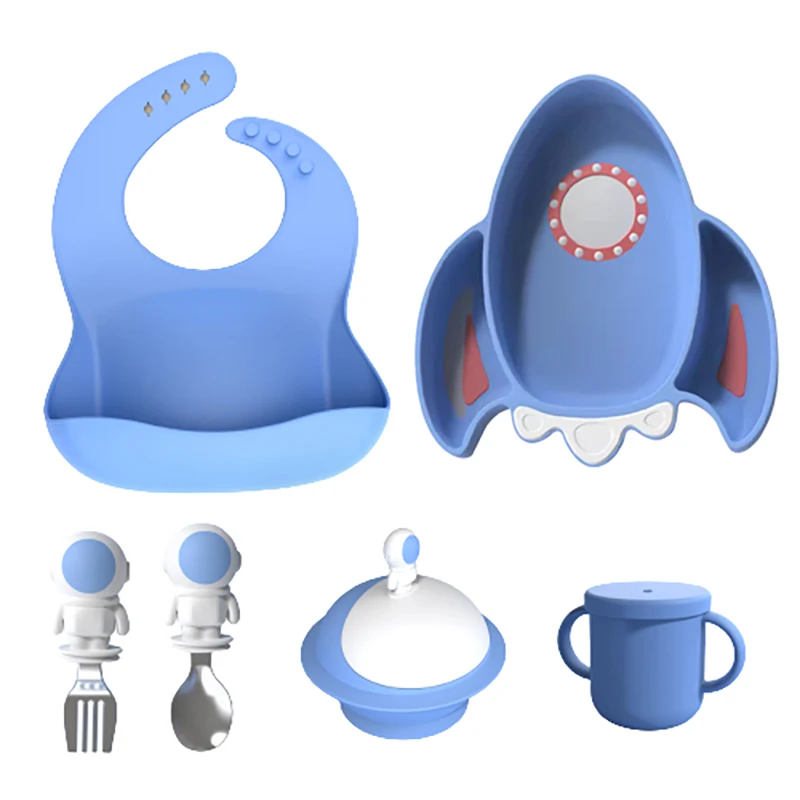 

Silicone Baby Feeding Set Cartoon Baby Bib Sucker Bowl Plate Cup Spoon Fork Set Divided Plate Silicone Tableware Set Baby Items