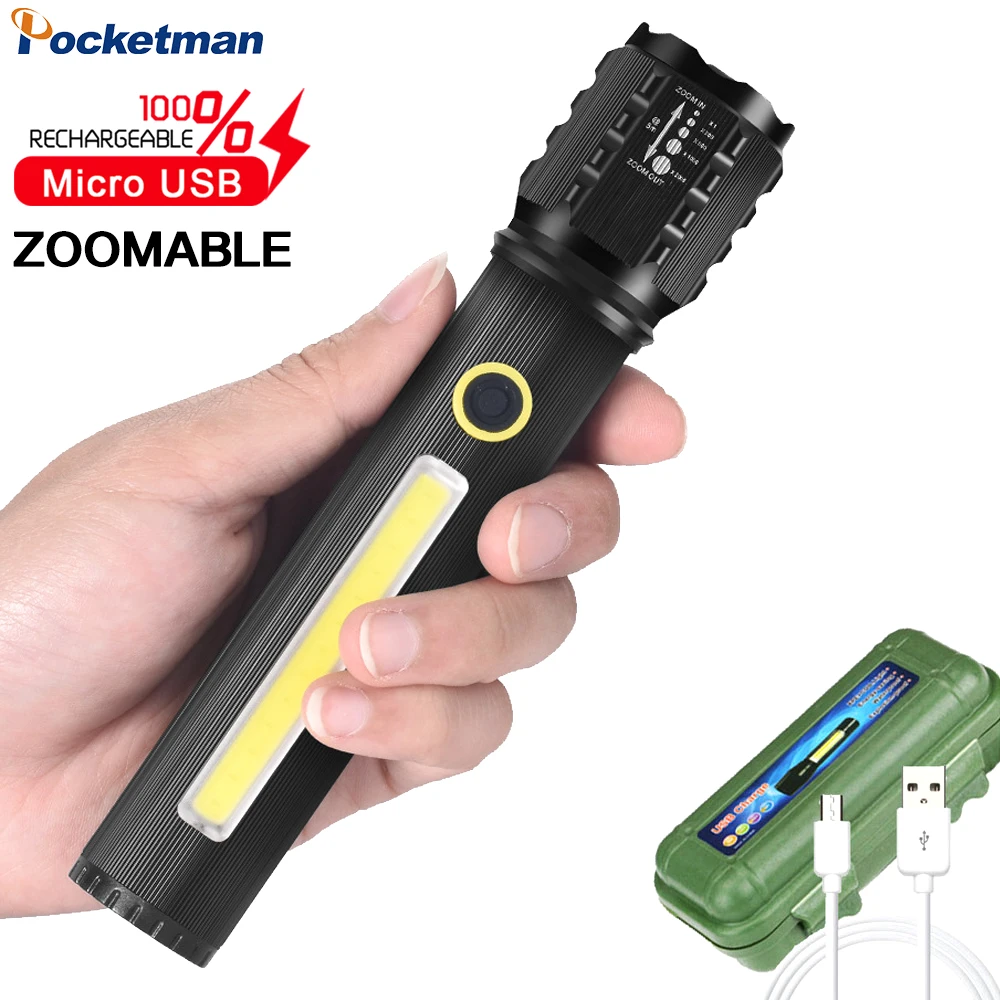 

Super Bright LED Flashlight Zoomable Aluminium Alloy Flashlights USB Rechargeable Torch Waterproof Torch with Built-in Battery