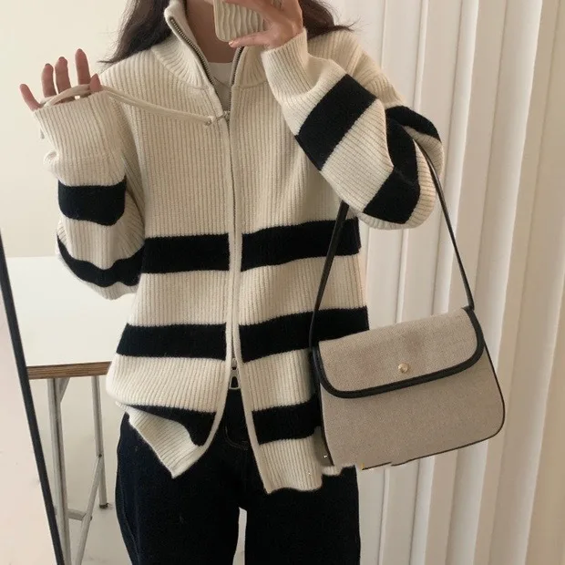 

Autumn Winter Striped Contrast Color Knitted Cardigans Korean New Knitted Sweater Women's Double Head Zipper Casual Cardigan Top