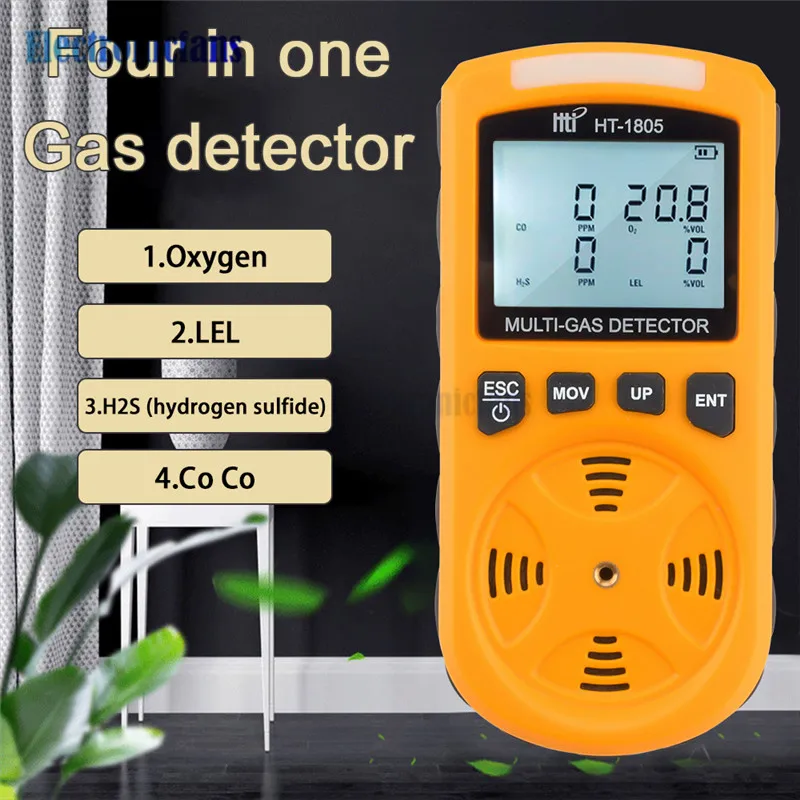 

HTI Indoor H2s Co Co2 O2 LEL Combustible Gas Detector Air Quality Meter Monitor Four in One Ht-1805