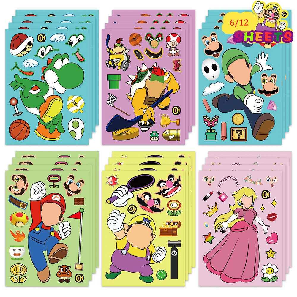

6/12sheets Super Mario Bros Puzzle Stickers Make A Face Funny Game Sticker Cute Cartoon Assemble Jigsaw Decals for Kids Toy Gift