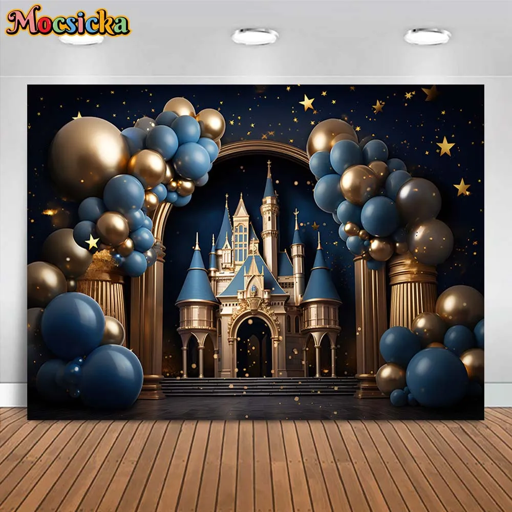 

Mocsicka Photography Background Boys 1st Birthday Party Decor Blue and Gold Castle Balloon Cake Smash Backdrop Photo Studio Prop