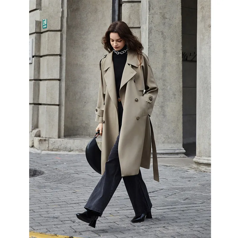 

Women's Long Trench Coat With Belt And Epaulet, Double Breasted Overcoat, Solid, Spring, Autumn, No-iron Fabric New Brand