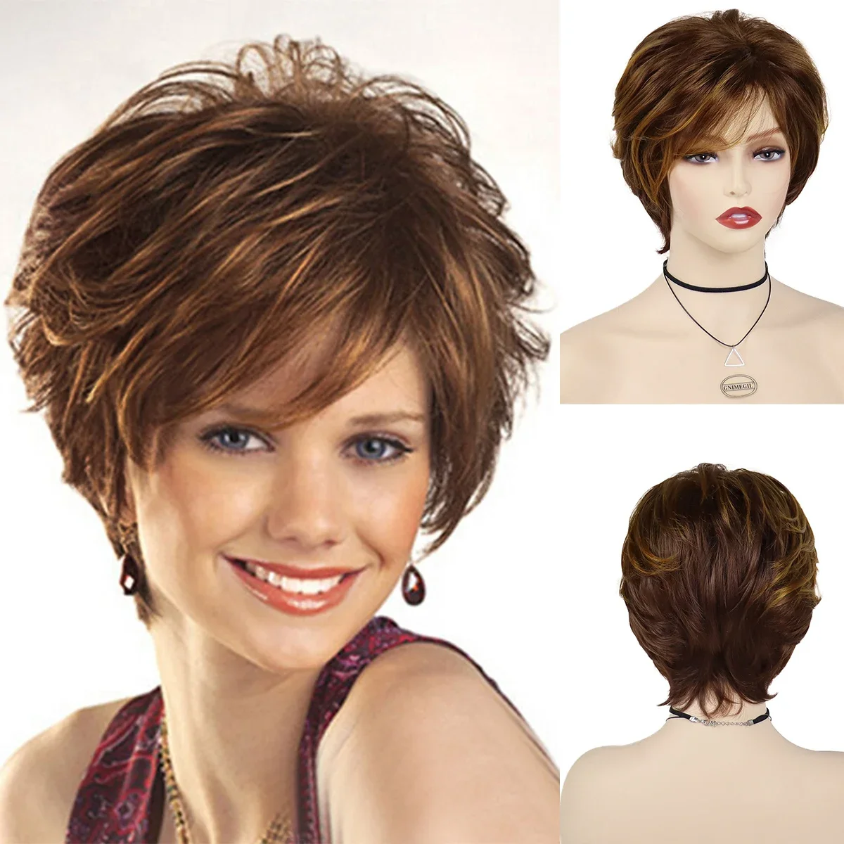

GNIMEGIL Synthetic Natural Wigs for White Women Auburn Wig Female Red Brown with Highlight Wig Hair with Bangs Short Hairstyle