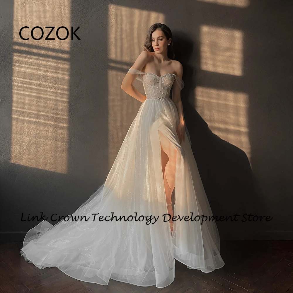 

COZOK Ivory Side Slit Wedding Dresses for Princess Off Shoulder Bridal Gowns with Beading 2024 Summer New Vestidos De Novia