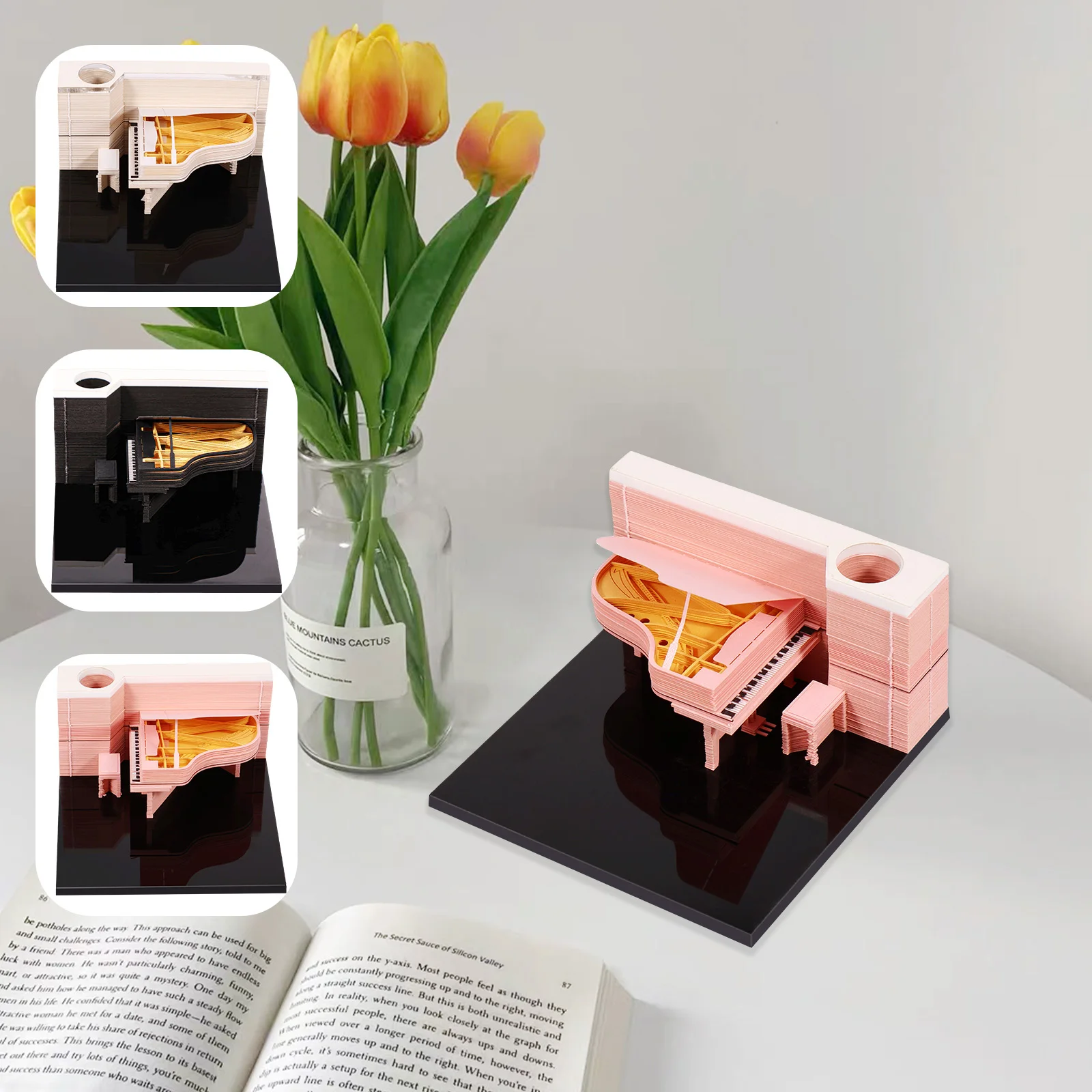 

3D Desk Notepad 150 Sheets Creative Memo Pad with Pen Holder Tear-Away 3D Art Paper Notes DIY 3D Piano Memo Pad Paper Carving