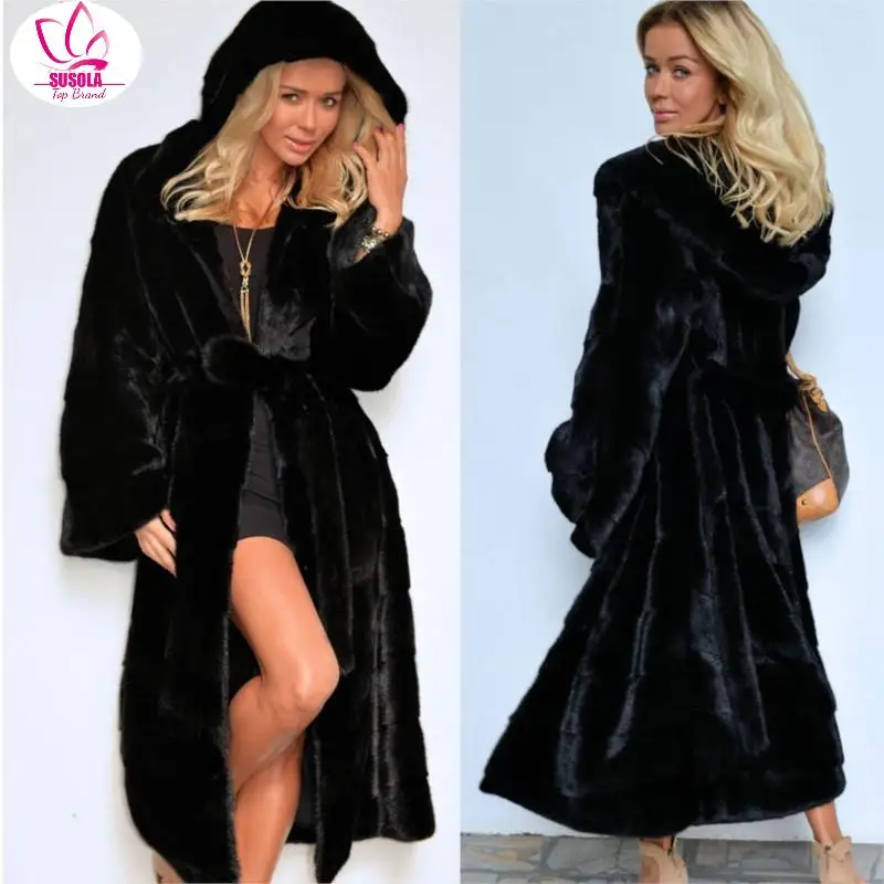 

Женское теплое меховое пальто с капюшоном, однотонное повседневное пальто средней длины из искусственного меха с длинным рукавом, куртка большого размера для зимы