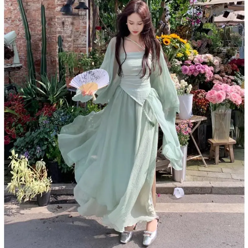 

Pmwrun Elegant Green Plus-Size Girls Cheongsam With Cardigan Halter Skirt Three-Piece Set Chinese Style Qipao Dress