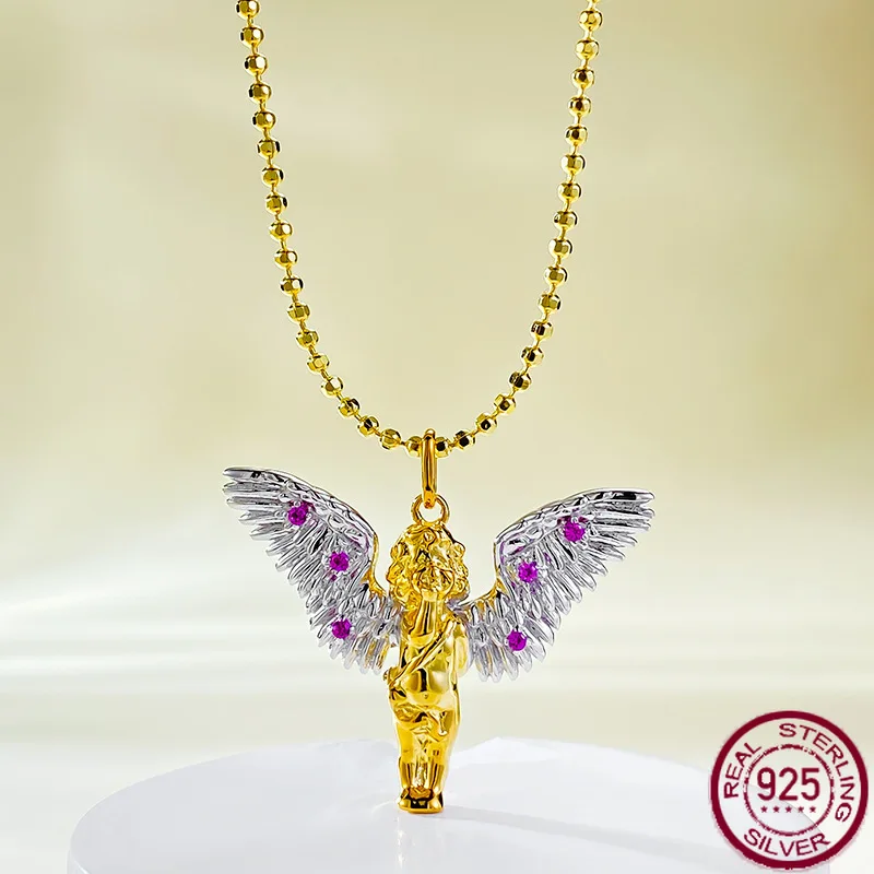 

925 Silver Angel Wings Guardian Pendant Love God Necklace New Women's Retro Style Wedding Jewelry