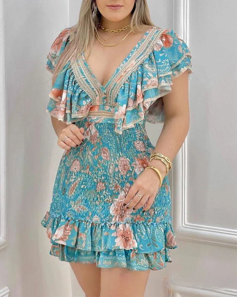 

2024 Spring Summer New Women's Clothing Printed V-neck Ruffled Waist-Tight Hip-Wrapped Dress