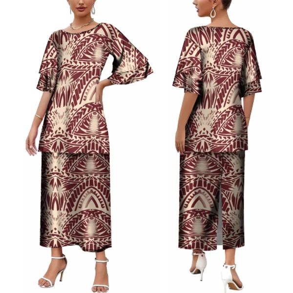 

Drop Shipping Ethnic Style Polynesian Samoan Tribal Puletais Luxury Design Formal Occasions Double Layer Flare Sleeve Set