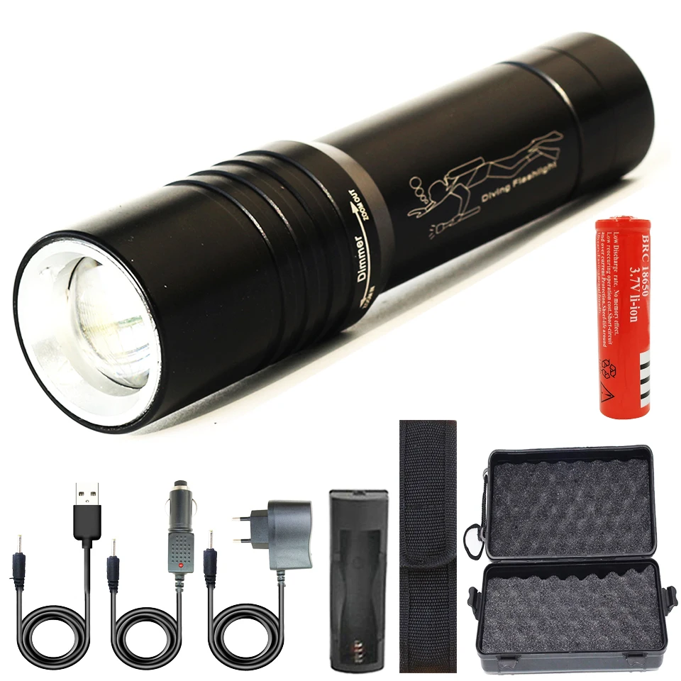 

LED Diving Flashlight XM-L T6 Zoomable Waterproof Lantern Lamp 18650 Battery Torch Bulbs for Swimming Underwater 80m