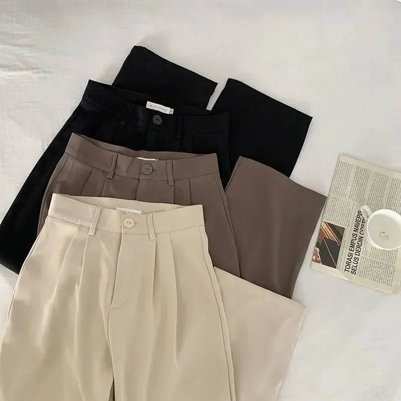 

Женские Костюмные брюки с высокой талией, Осенние прямые офисные модные брюки в Корейском стиле, повседневные свободные женские черные брюки на пуговицах, новинка