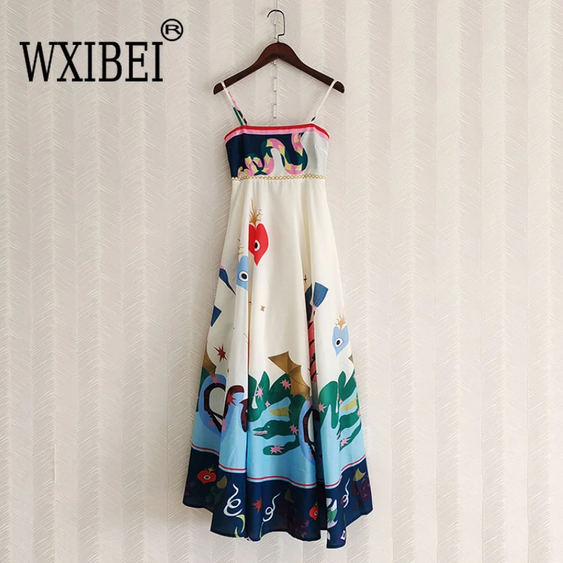 

WXIBEI Spaghetti Strap Cartoon Printed Dress Designer Fashion Summer New Women's Bust Elastic Long Dress Vacation Camisole FC651