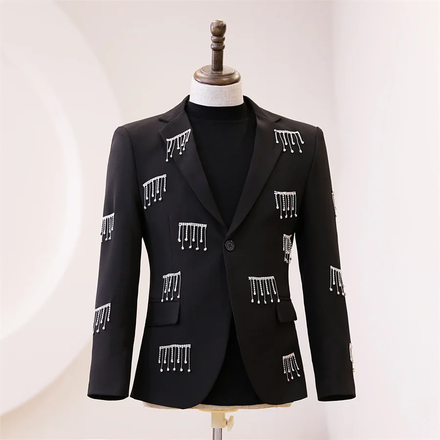 

Rhinesontes Tassel Blazer For Male Singer Stage Concer Show Costume Bar Nightclub Performance Shiny Suit Jacket Casual Tuxedo