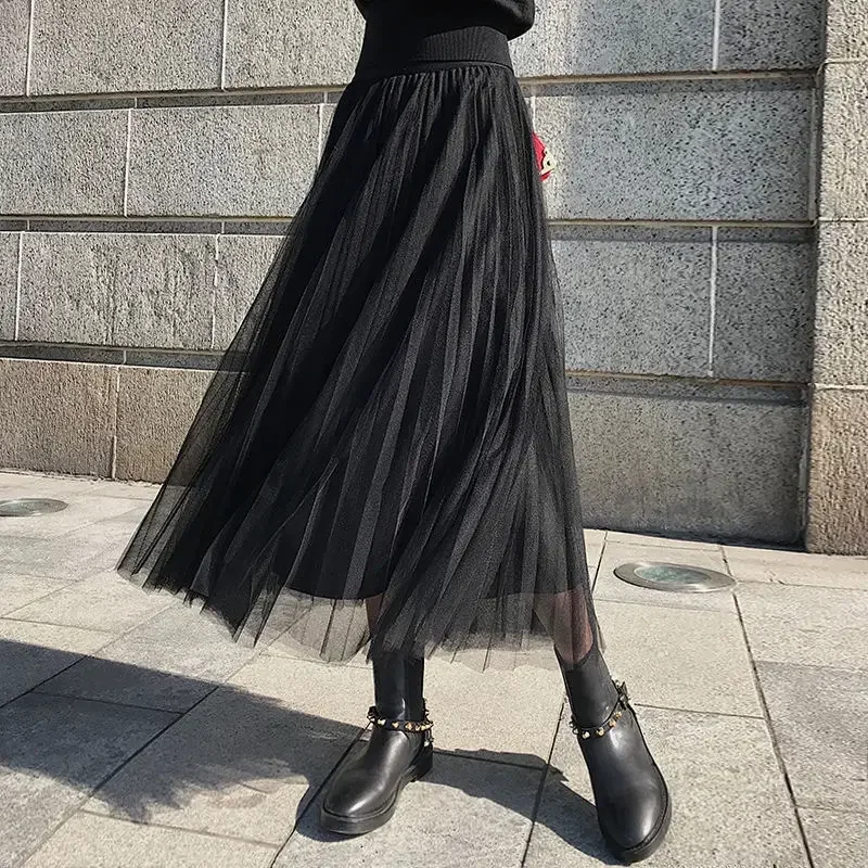 

wang sha qun Long Pleated Skirt High-Waisted A- line Skirt Woman Skirts Mujer Faldas Saias Mulher