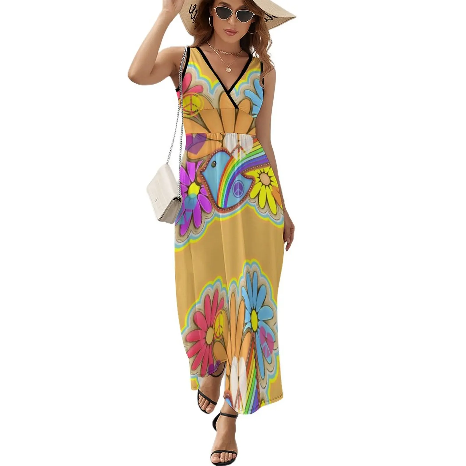 

Flower Power Hippy Retro Dove Design Sleeveless Dress dresses summer