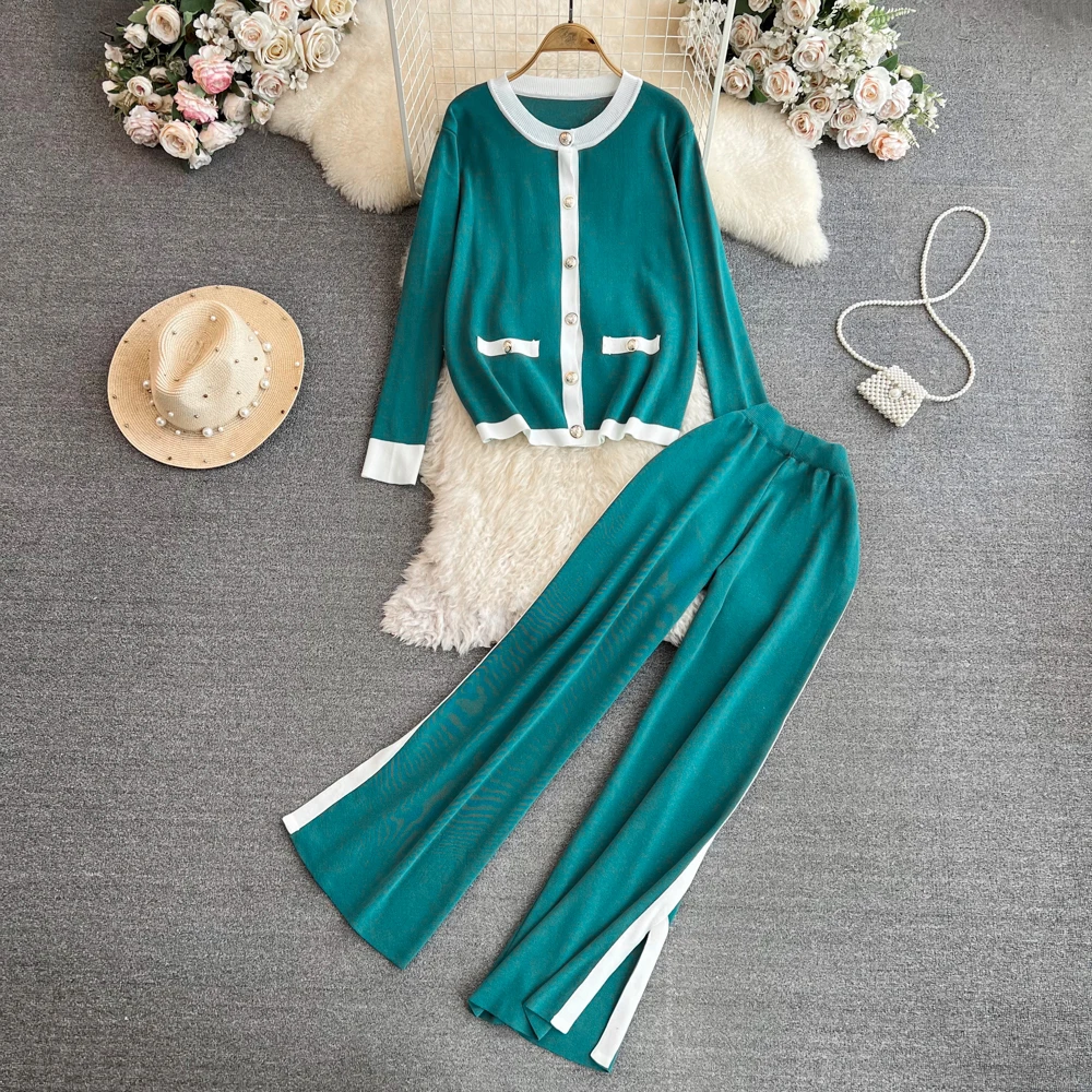 Fashion Knitted Suits Korean Style Contrast Color O-neck Long Sleeve Knitshirts And High Waist Slit Wide Leg Pants 2pcs Set
Fashion Knitted Suits Korean Style Contrast Color O-neck Long Sleeve Knitshirts And High Waist Slit Wide Leg Pants 2pcs Set