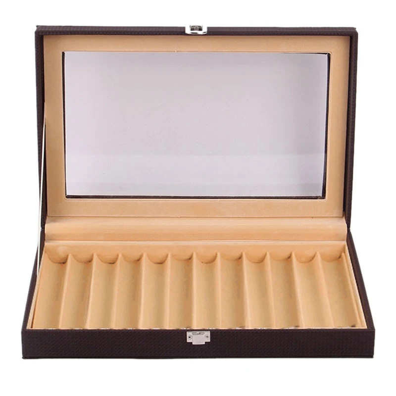 

12 Slots Wooden Fountain Pen Display Case, Luxury Topped PU Leather Pen Display Case Jewelry