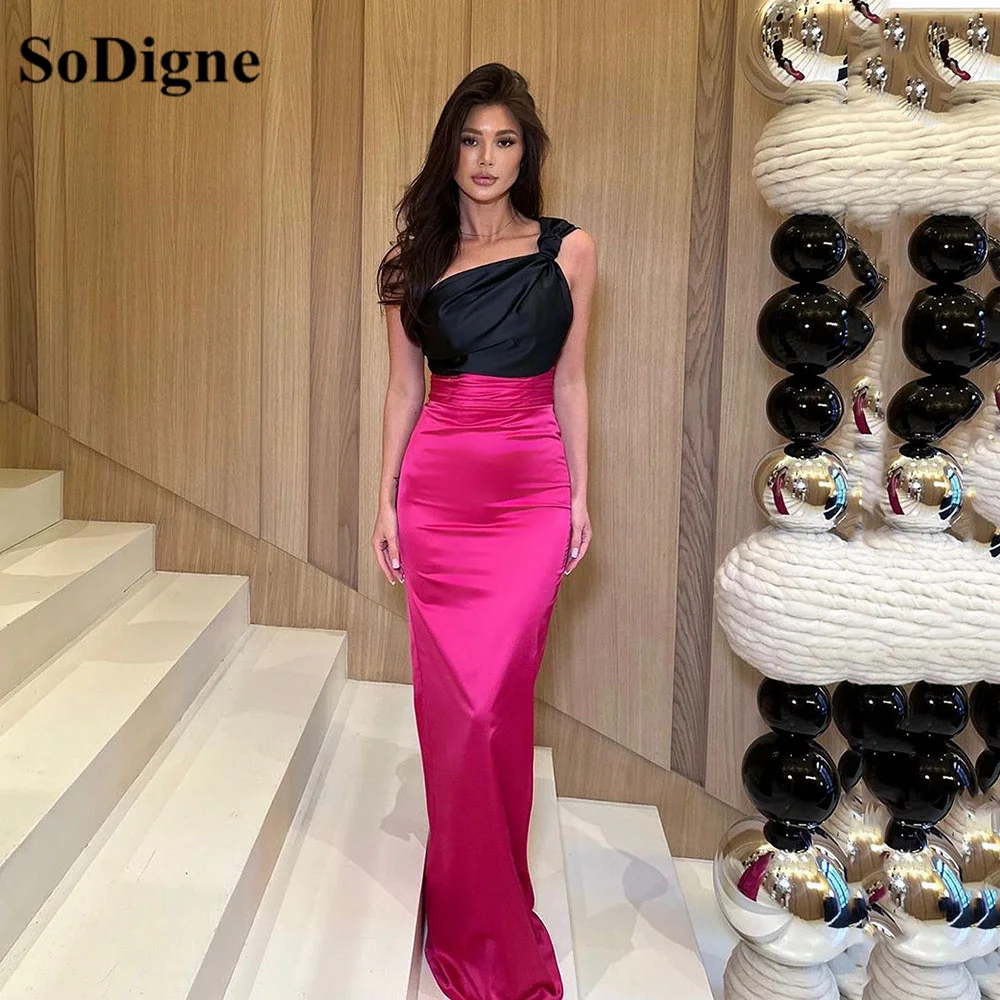 

SoDigne Black and Fuchsia Prom Dresses Mermaid Satin One Shoulder Formal Evening Gown Arabic Brithday Party Gown