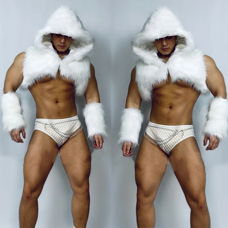 

Men'S Nightclub Bar Gogo Dancer Costume Sexy White Hooded Fur Vest Suit Burning Man Stage Rave Outfit Pole Dance Clothing XS3660