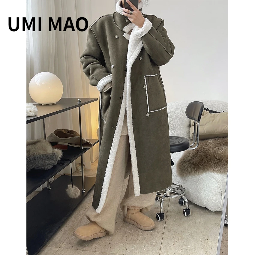 

Зимнее Новое модное шерстяное пальто UMI MAO Harajuku с силуэтом в южнокорейском стиле свободное плотное повседневное длинное женское пальто