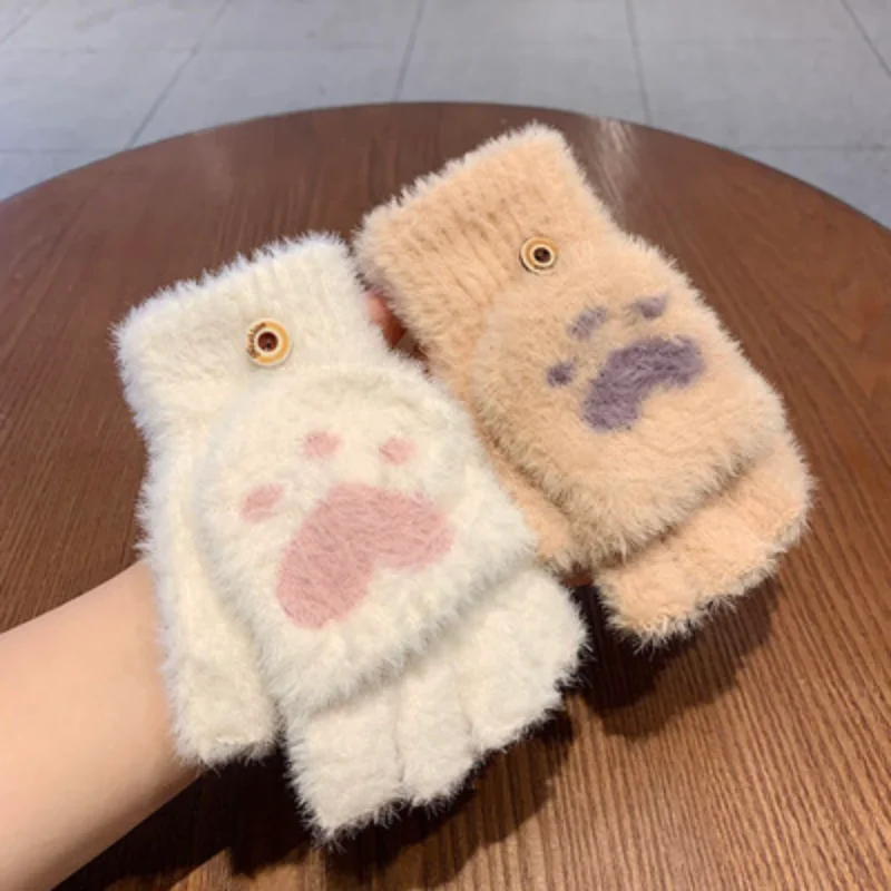 

Women's Winter Warm Gloves Cute Cat Claw Sensory Fingerless Gloves Girls Mink Velvet Knitted Fluff Outdoor Flip Cover Gloves